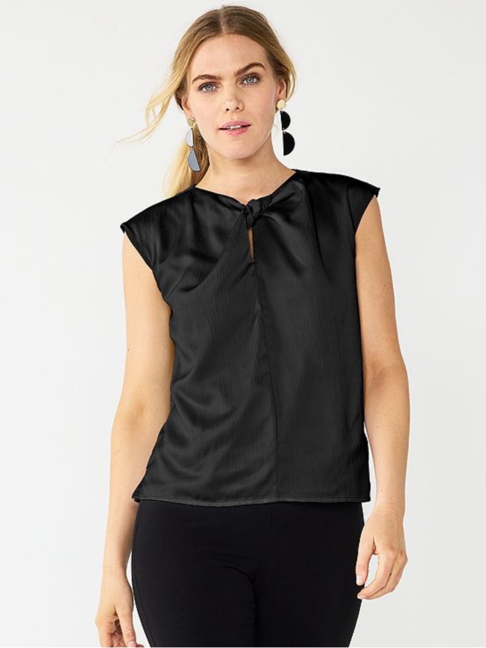 🆕Nine West Neck Twist Cap Sleeve Black Blouse Size S